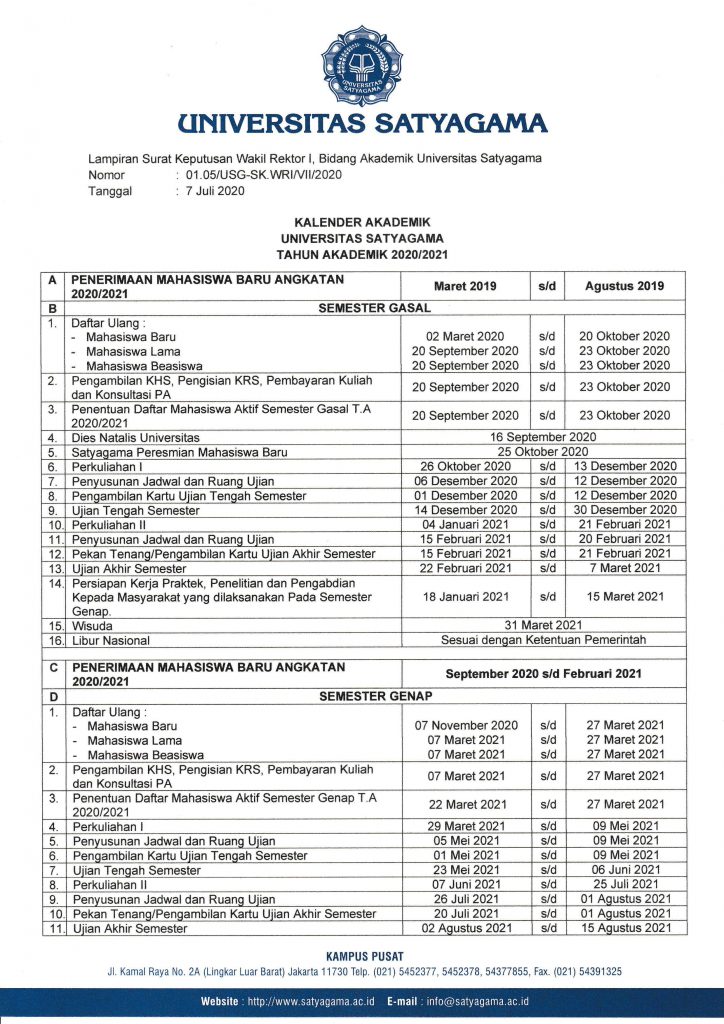 Kalender Akademik Universitas Satyagama Tahun Akademik 2020 2021 Universitas Satyagama